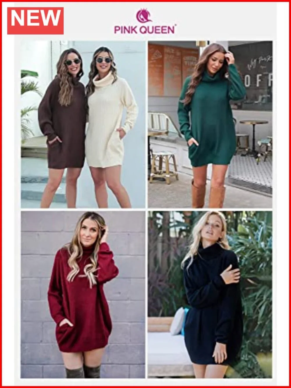 Oversized Turtleneck Sweater Dress Chunky Knit Pullover with Pockets